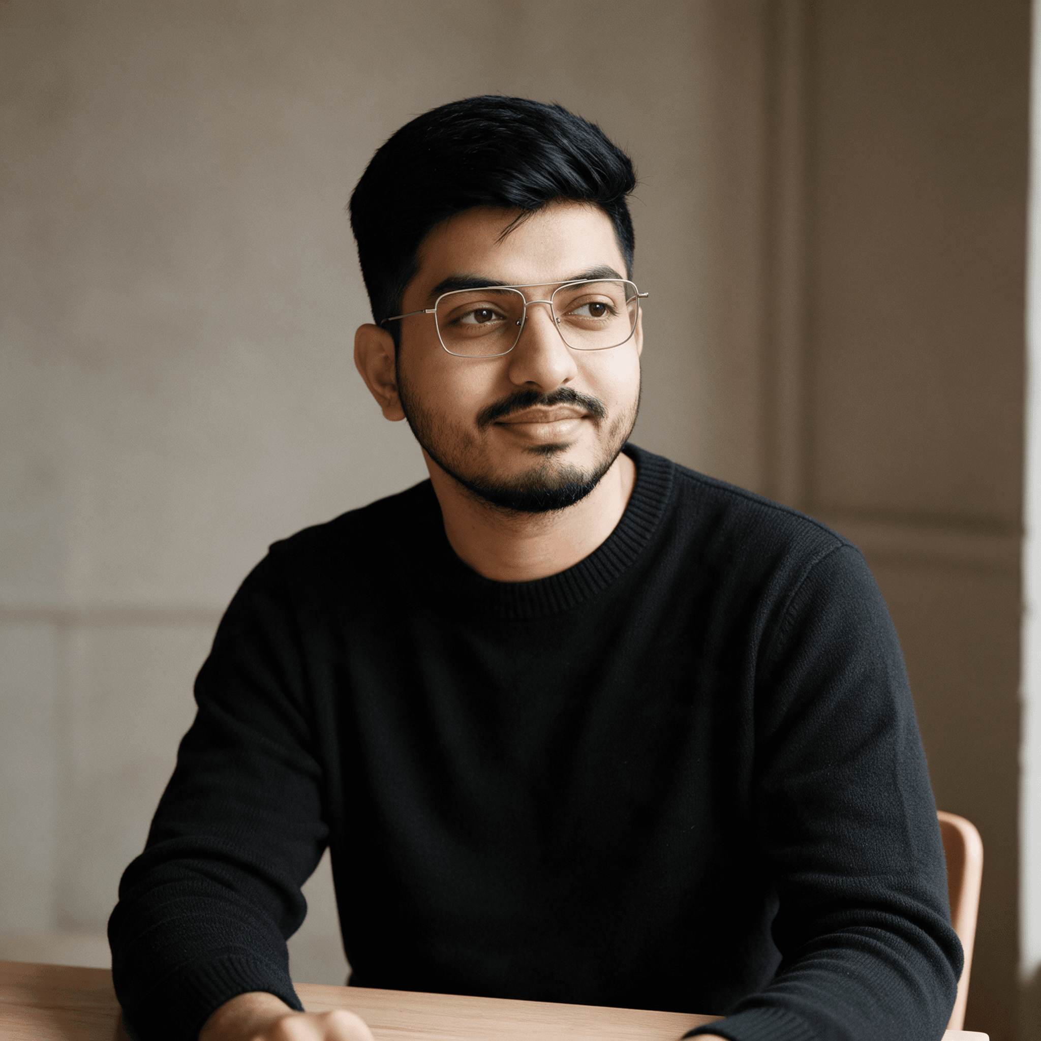 Biswajit in a black sweater, sitting at a wooden table.