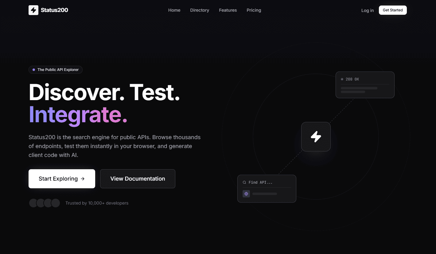 Status200's landing page, headlined "Discover. Test. Integrate.", with an API search box and a 200 OK response card.