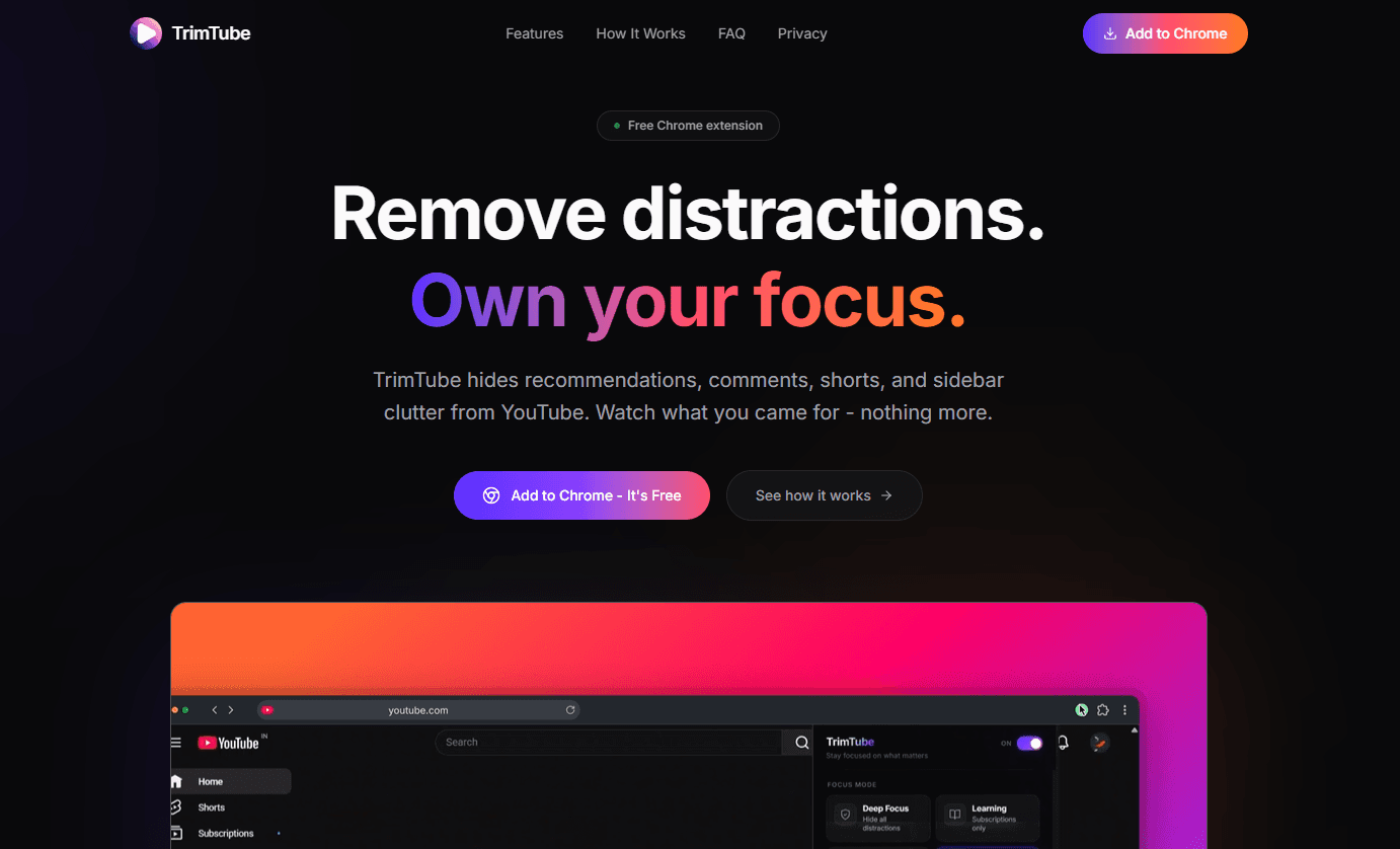 TrimTube's landing page, headlined "Remove distractions. Own your focus.", above a browser showing YouTube with the TrimTube panel open.