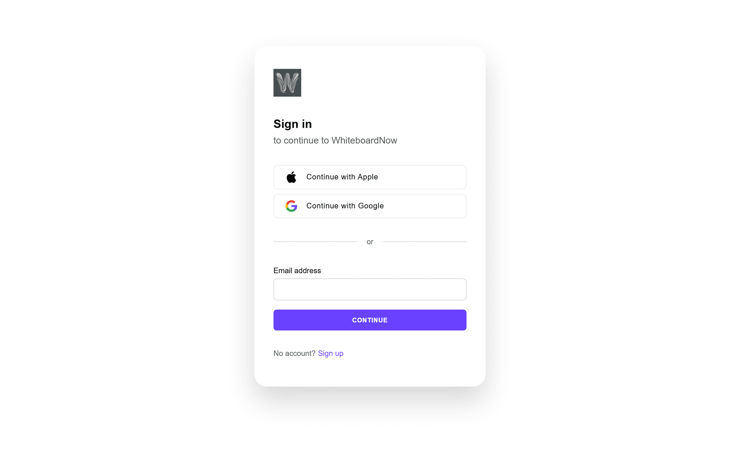 The Whiteboard Now sign-in screen, with Apple, Google and email sign-in options.